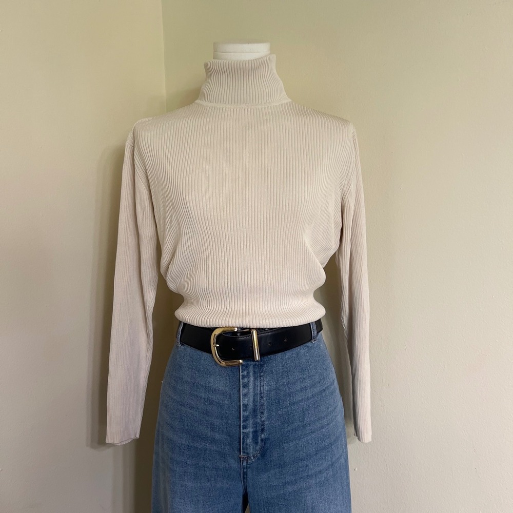 Orvis Womens 100% Silk Ribbed Turtleneck Sweater Cream Ivory Long Sleeve Small
